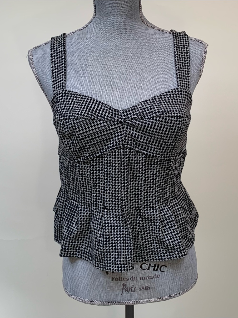 Free People Houndstooth Zip Up Tank Crop Top Sz L Tie Straps Retro Festival Edgy
